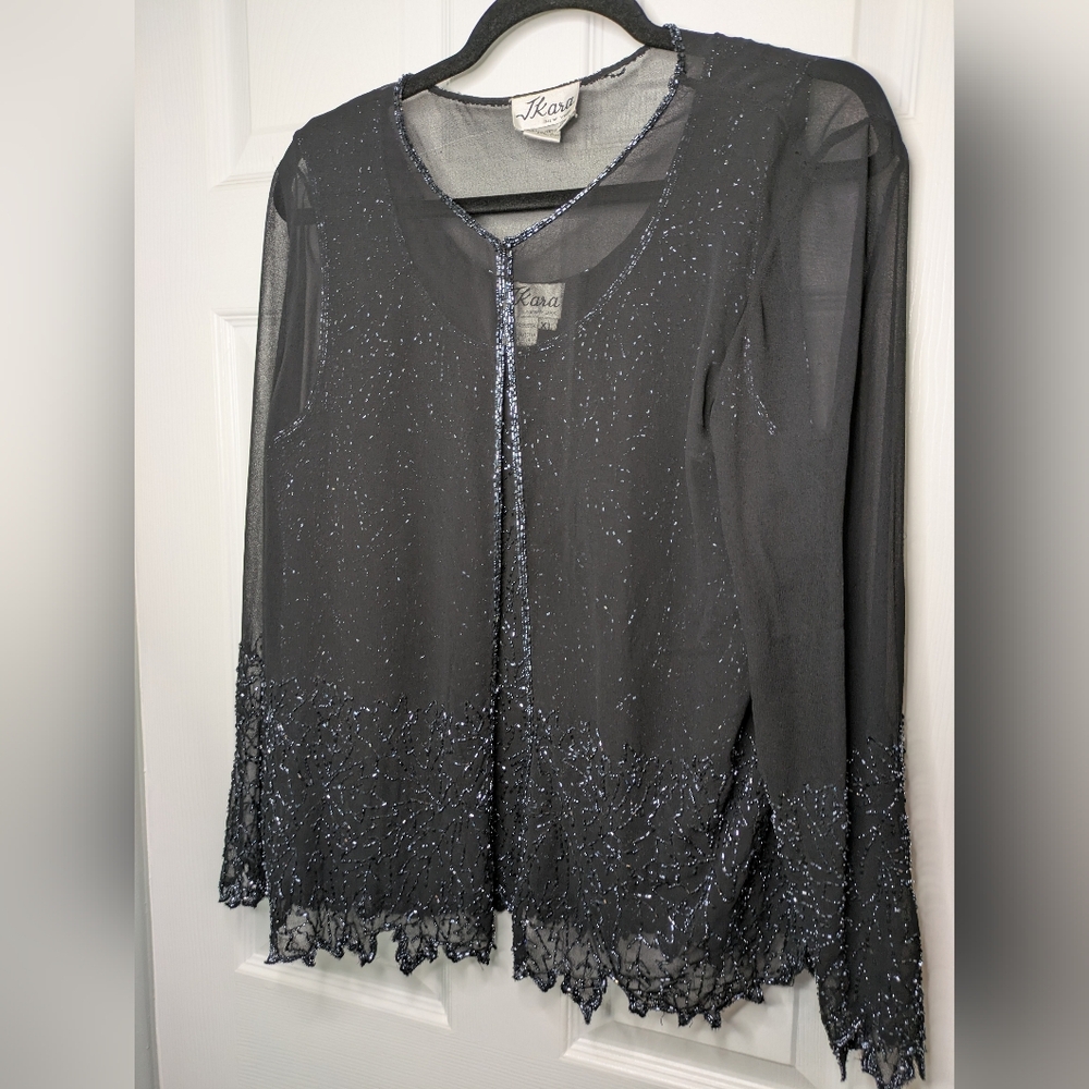 JKara Vintage 90s Sheer Black Beaded Cardigan + Top Set XL